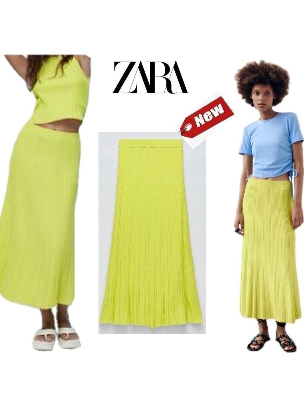 Zara Special Edition lime green ribbed knit A-line midi skirt Sz M NWT